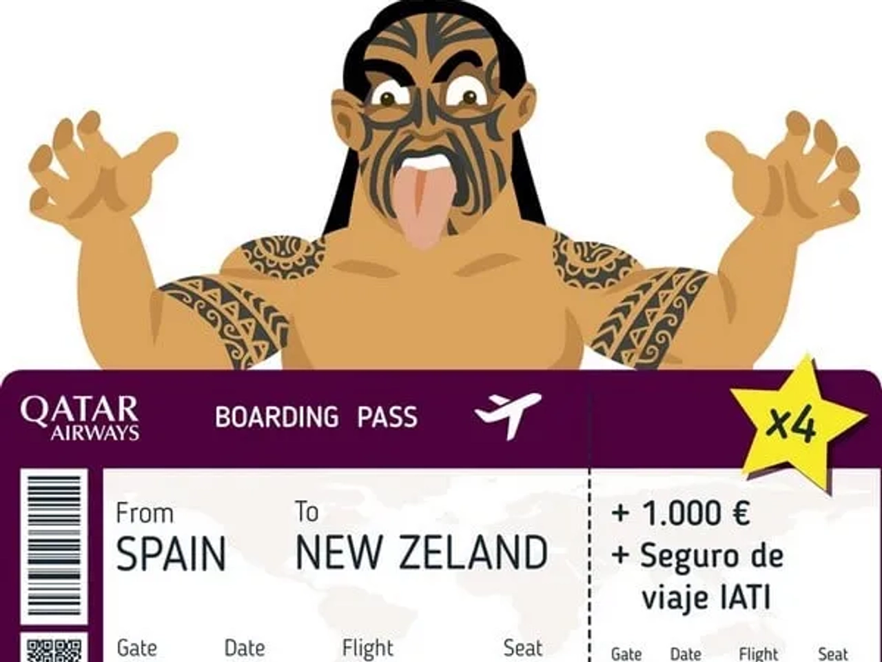 Pasaje de avión de España a Nueva Zelanda con un personaje tatuado.
