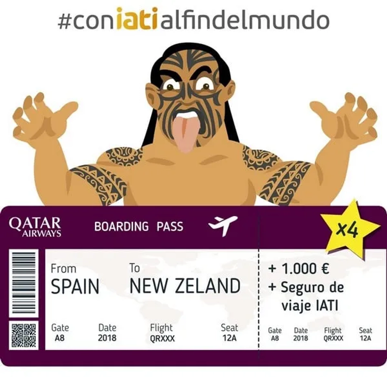 Pasaje de avión de España a Nueva Zelanda con un personaje tatuado.