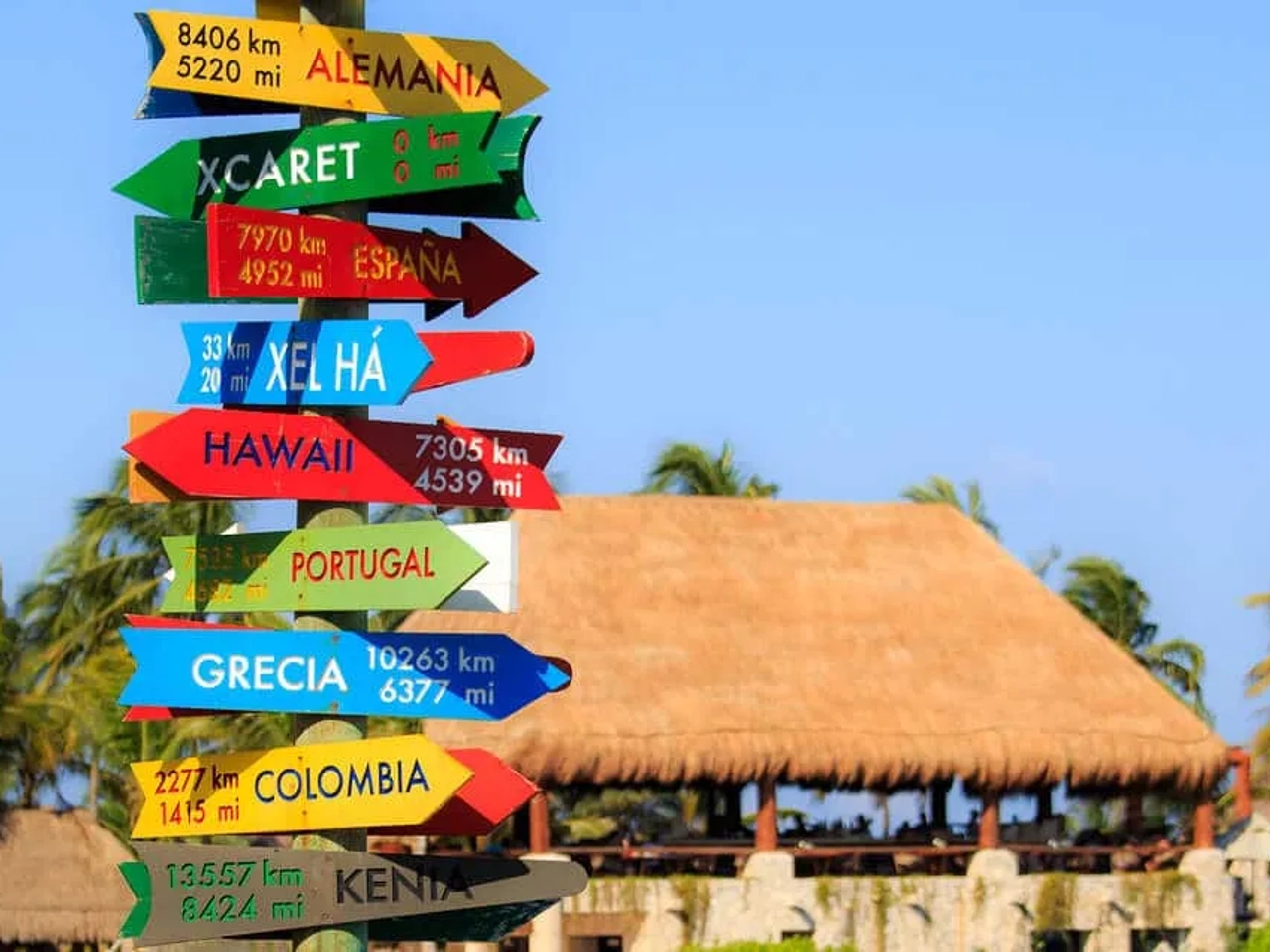 placas coloridas com as distancias para diferentes paises