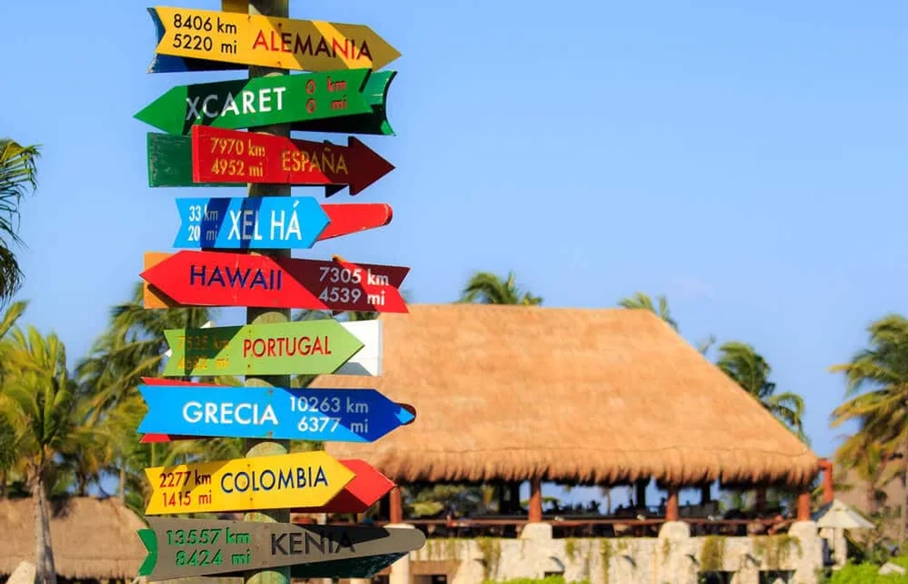placas coloridas com as distancias para diferentes paises