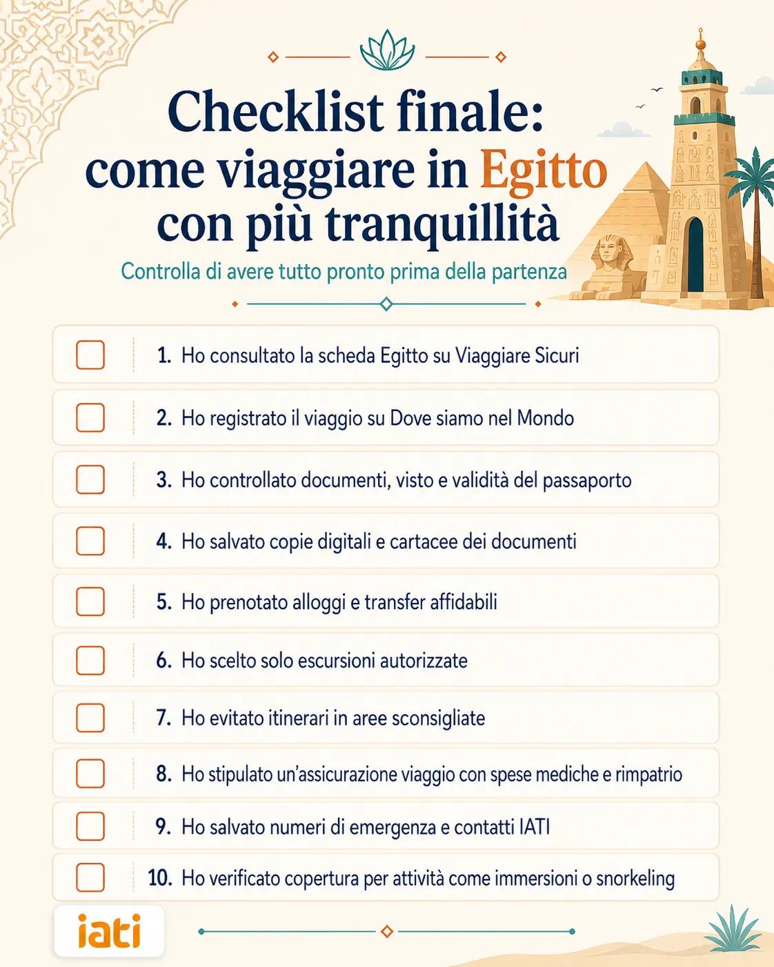 Infografica checklist per viaggiare in Egitto con più tranquillità, con controlli su Viaggiare Sicuri, registrazione del viaggio, documenti, alloggi, escursioni autorizzate, assicurazione e numeri di emergenza.