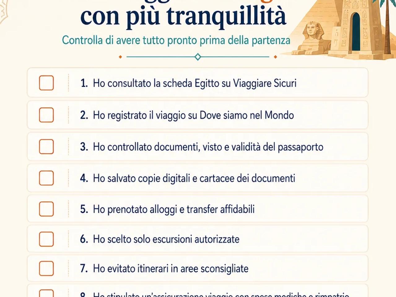 Infografica checklist per viaggiare in Egitto con più tranquillità, con controlli su Viaggiare Sicuri, registrazione del viaggio, documenti, alloggi, escursioni autorizzate, assicurazione e numeri di emergenza.