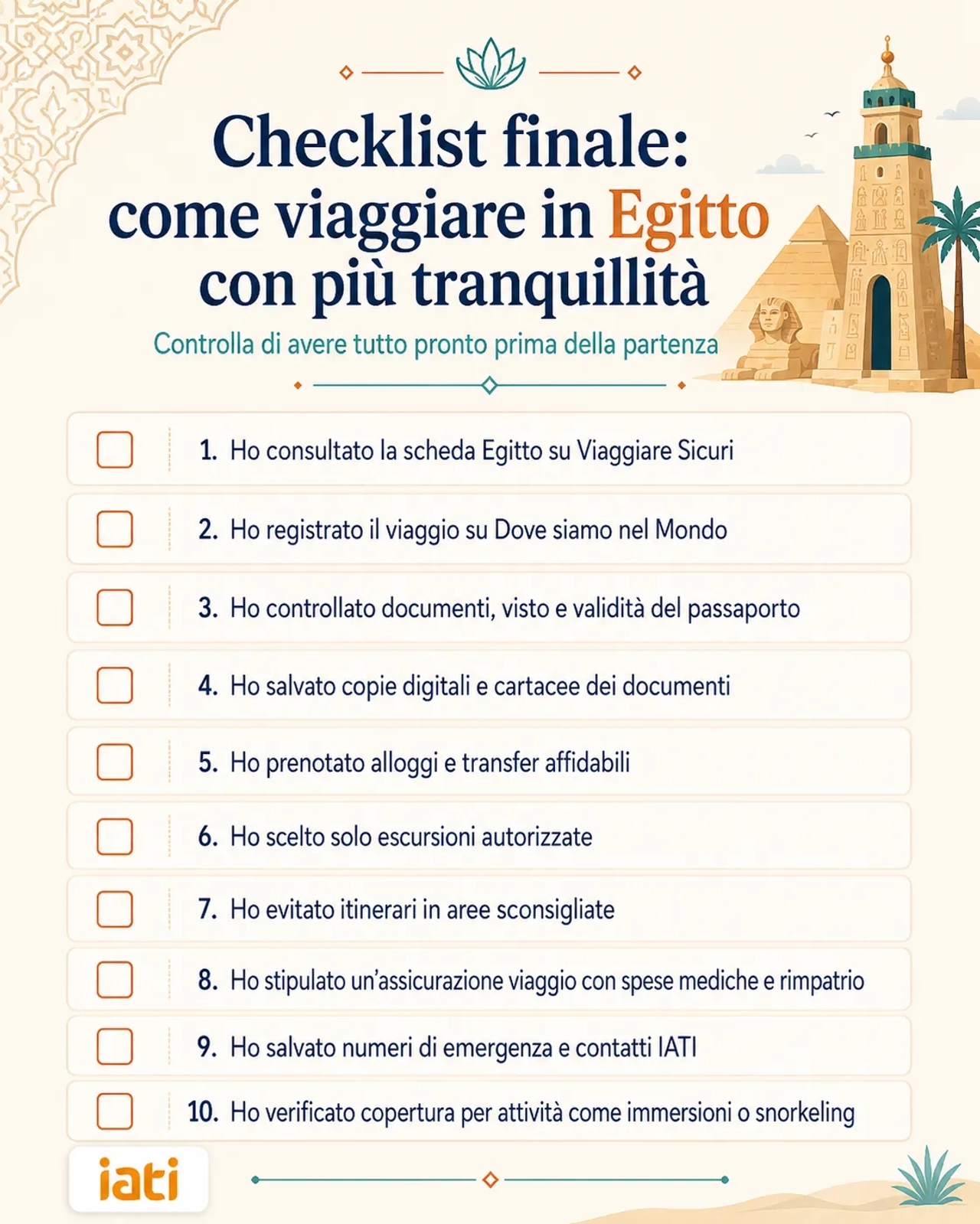 Infografica checklist per viaggiare in Egitto con più tranquillità, con controlli su Viaggiare Sicuri, registrazione del viaggio, documenti, alloggi, escursioni autorizzate, assicurazione e numeri di emergenza.