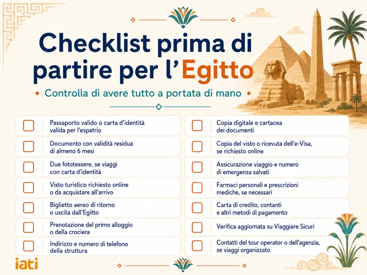 Checklist pre partenza per l’Egitto con documenti, visto, assicurazione e controlli utili prima del viaggio, decorata con piramidi, Sfinge e logo IATI.