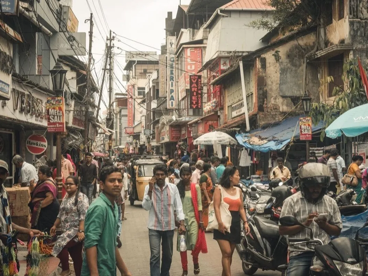 rua de kerala cheia de pessoas e postos de venda ambulante