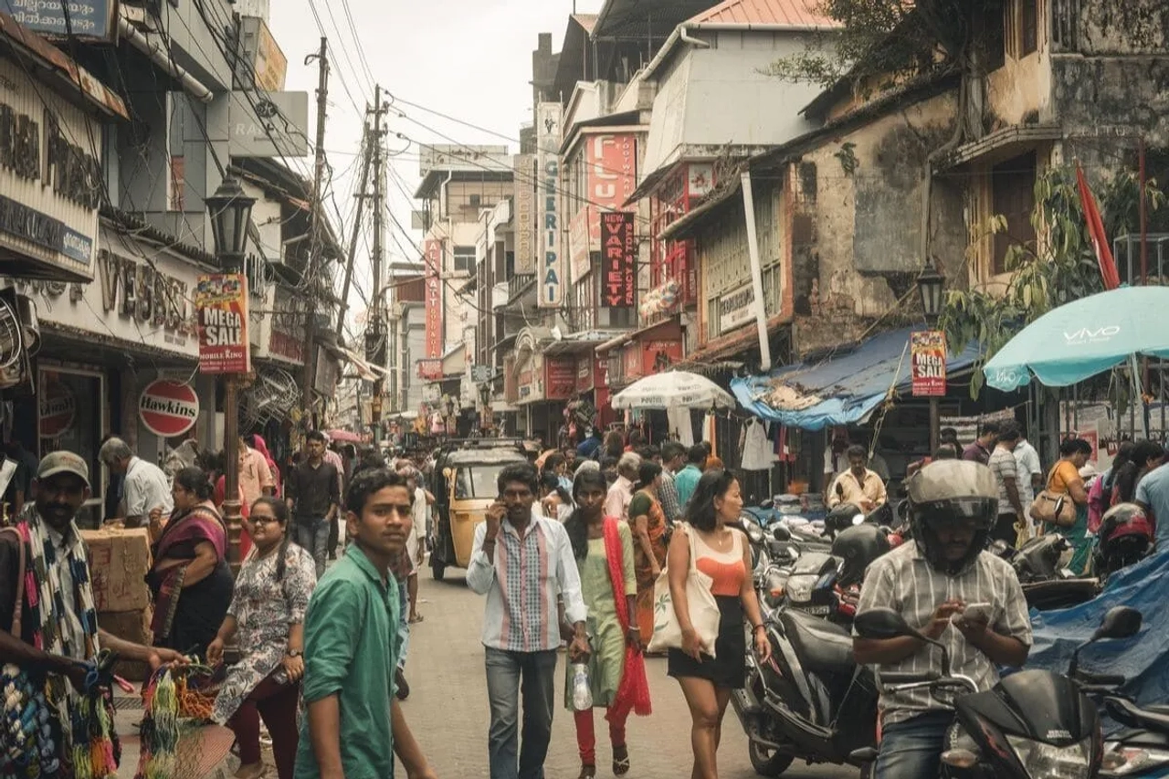 rua de kerala cheia de pessoas e postos de venda ambulante
