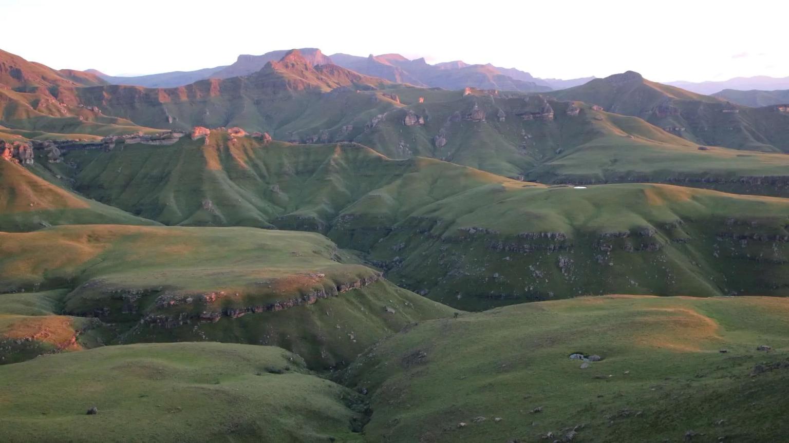 Paisagem montanhosa verdejante da África do Sul ao amanhecer.