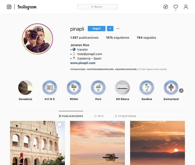 Perfil de Instagram de Jonatan Riuss, viajero con 107k seguidores y diversas publicaciones.
