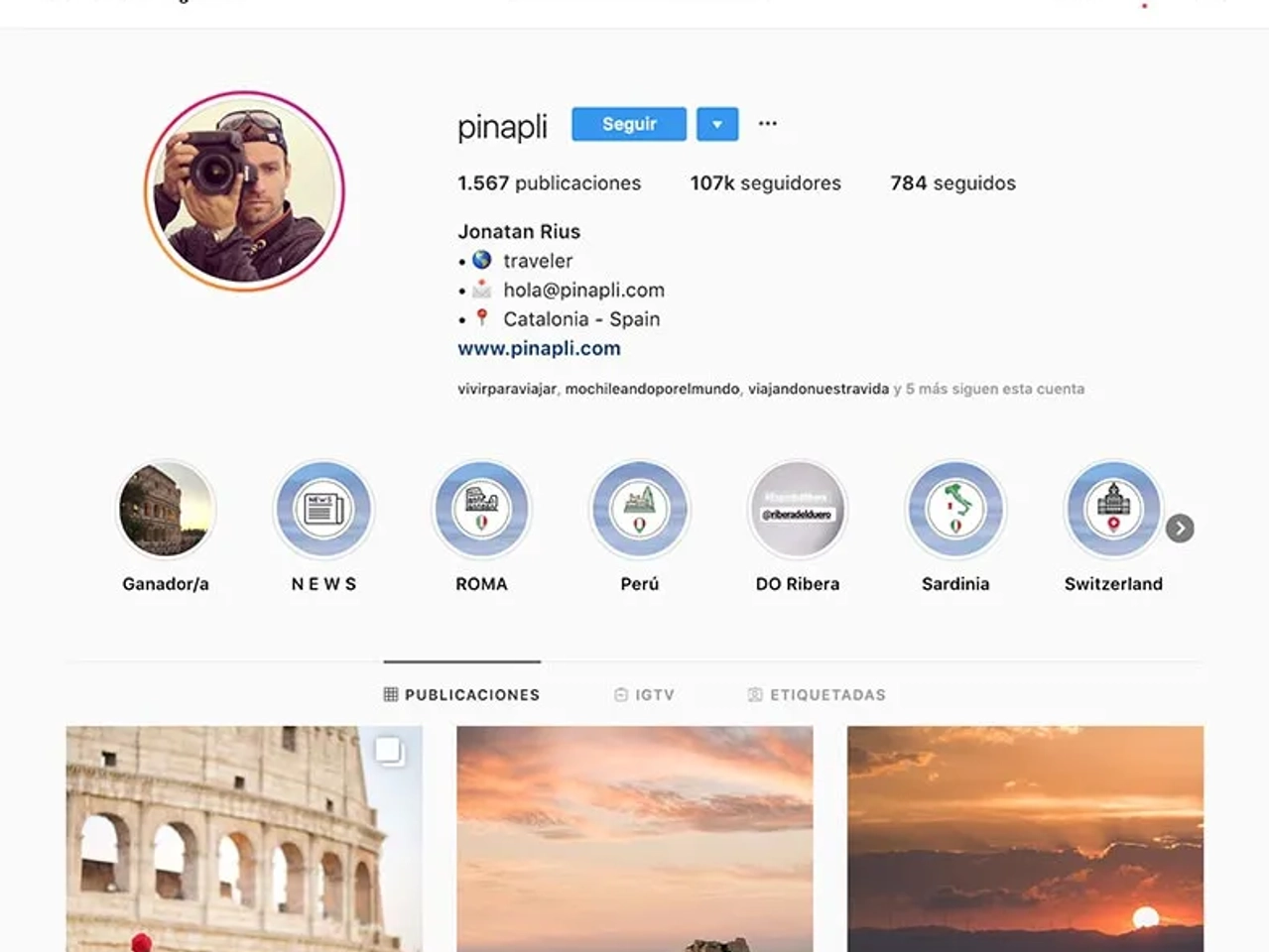 Perfil de Instagram de Jonatan Riuss, viajero con 107k seguidores y diversas publicaciones.