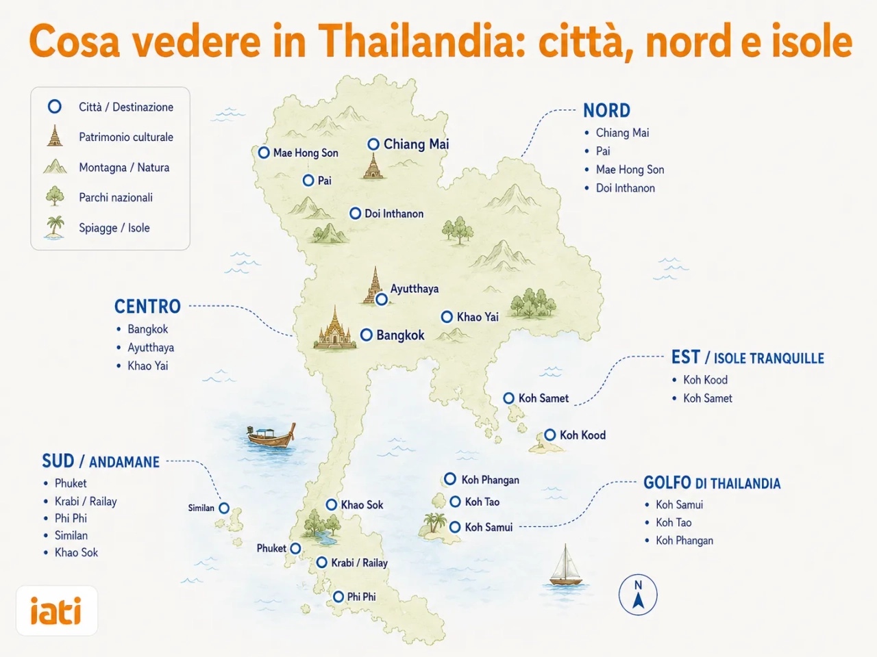 Mappa illustrata della Thailandia con le principali mete da vedere, tra cui Bangkok, Chiang Mai, Ayutthaya, Khao Yai, Phuket, Krabi, Phi Phi, Koh Samui, Koh Tao e Koh Kood.