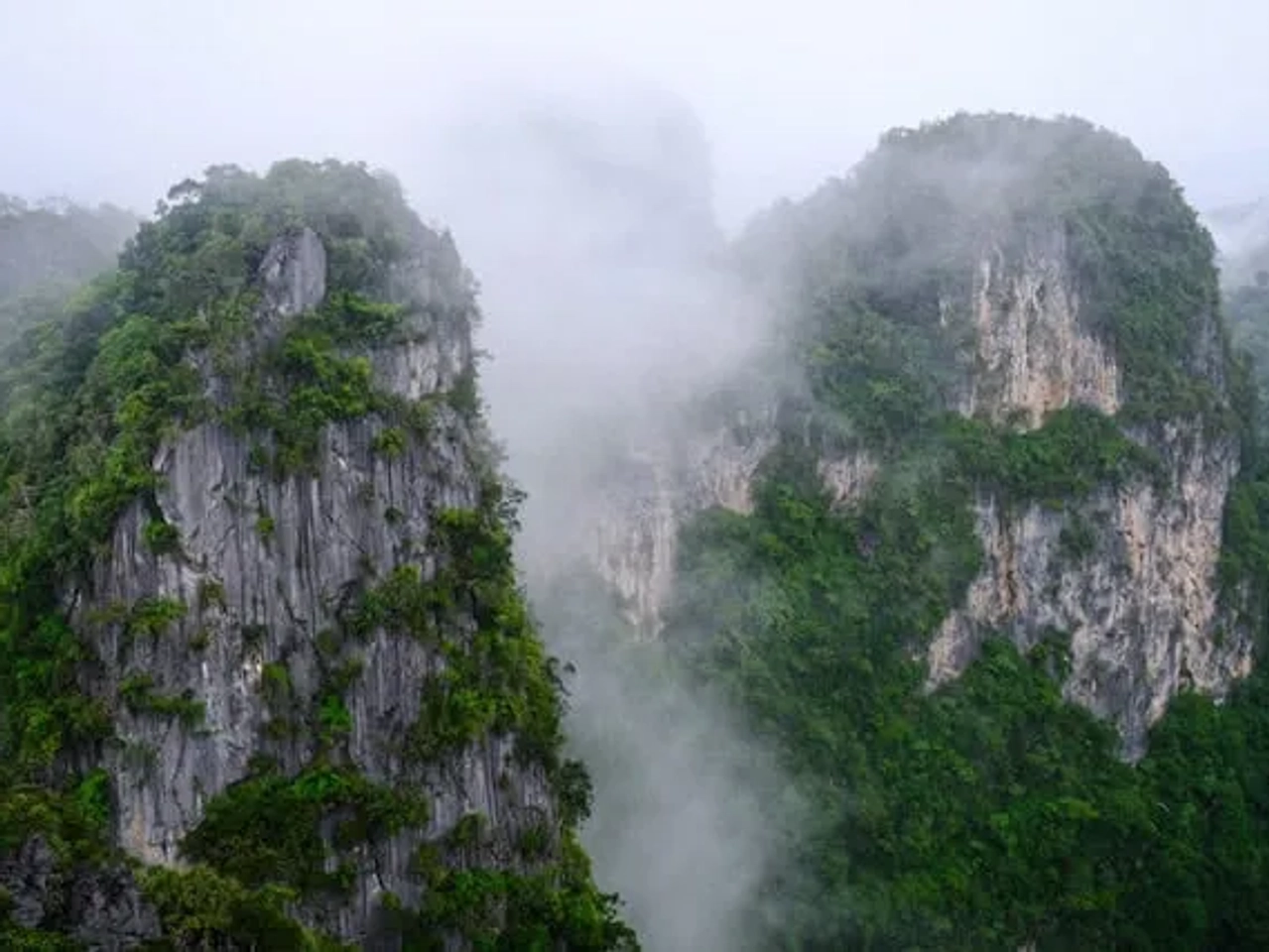 montanhas muito altas com árvores em cima e nevoeiro no Wat Tham Suea em Kanchanaburi