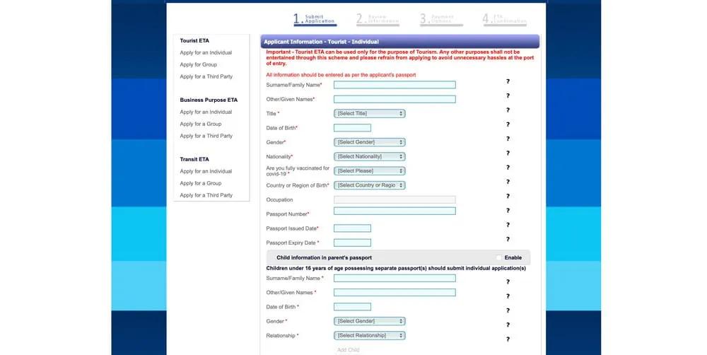 formulario del visado a Sri Lanka.