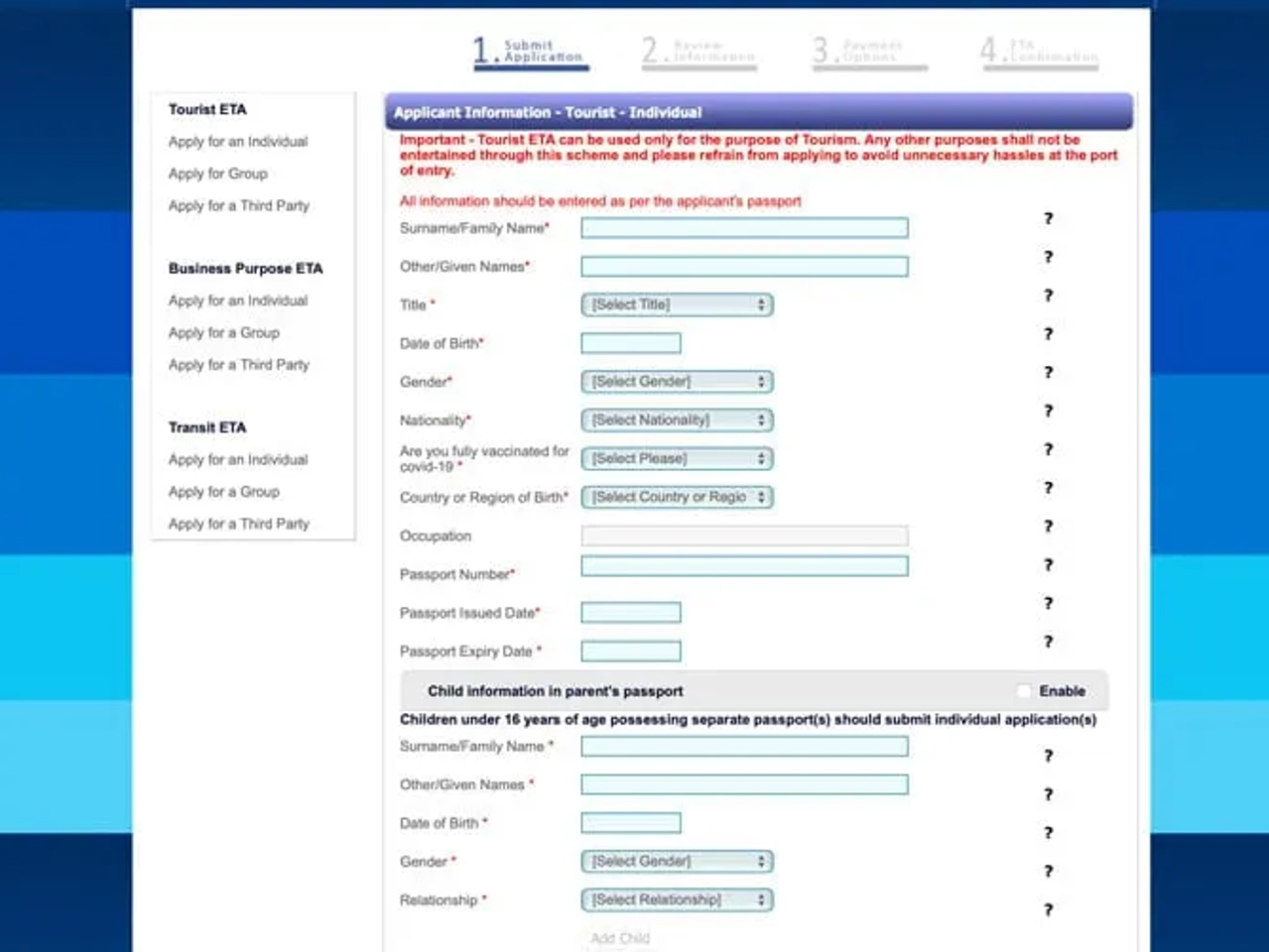 formulario del visado a Sri Lanka.