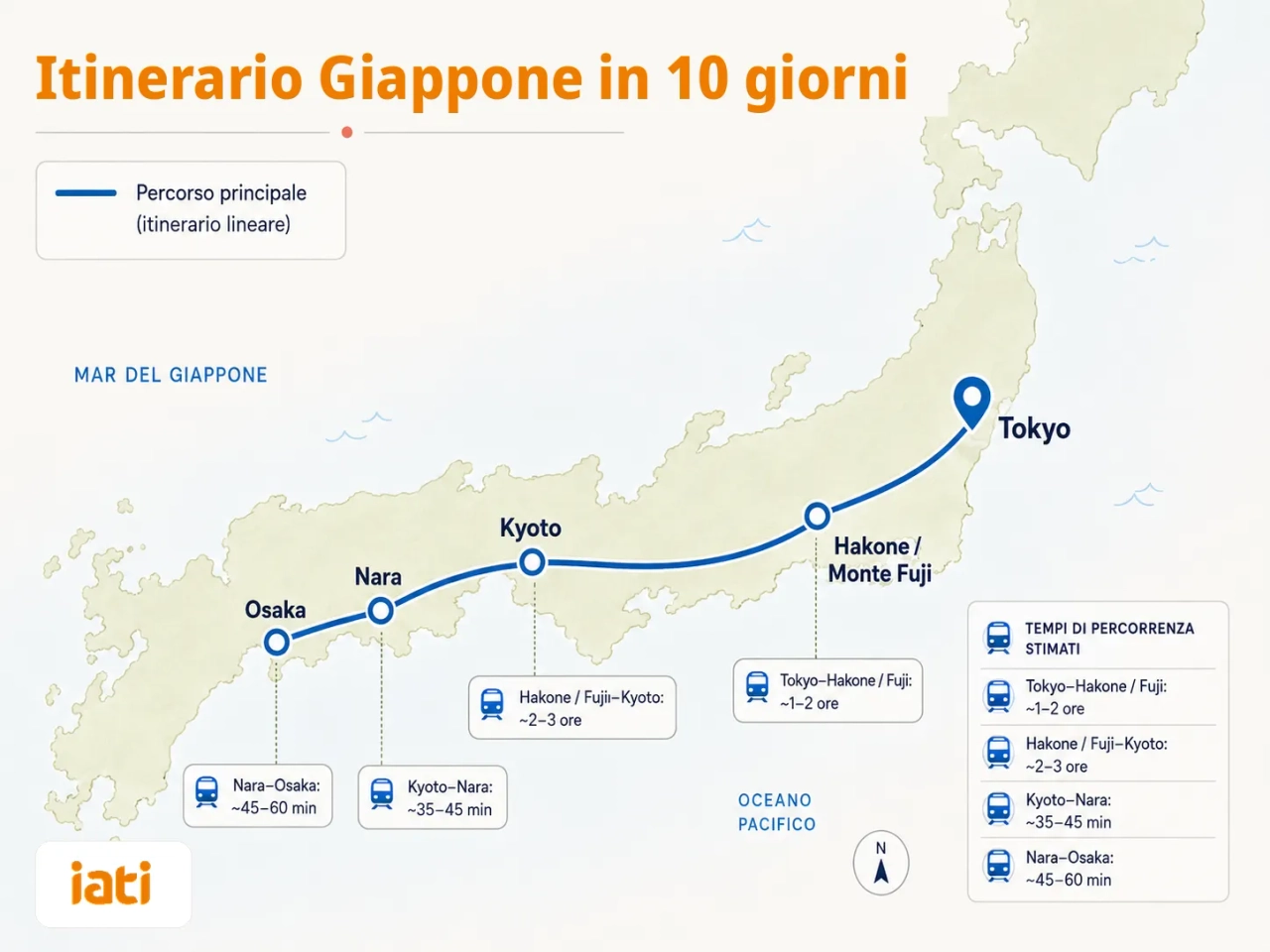 Mappa itinerraio Giappone 10 giorni: Tokyo - Hakone/Monte Fuji - Kyoto - Nara - Osaka.