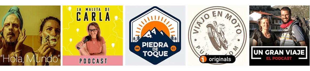 Seis portadas de podcasts sobre viajes y aventuras.