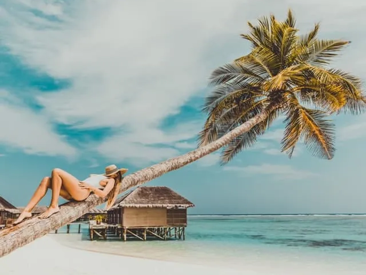 rapariga em cima de palmeira nas maldivas