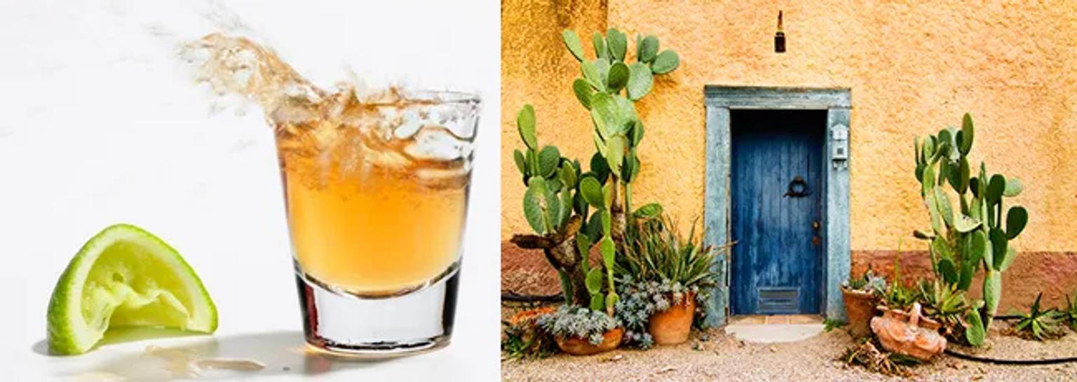 Vaso con bebida y limón, junto a una puerta colorida y plantas.