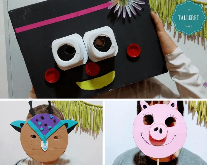 Niños con máscaras de cartón en un taller de manualidades.