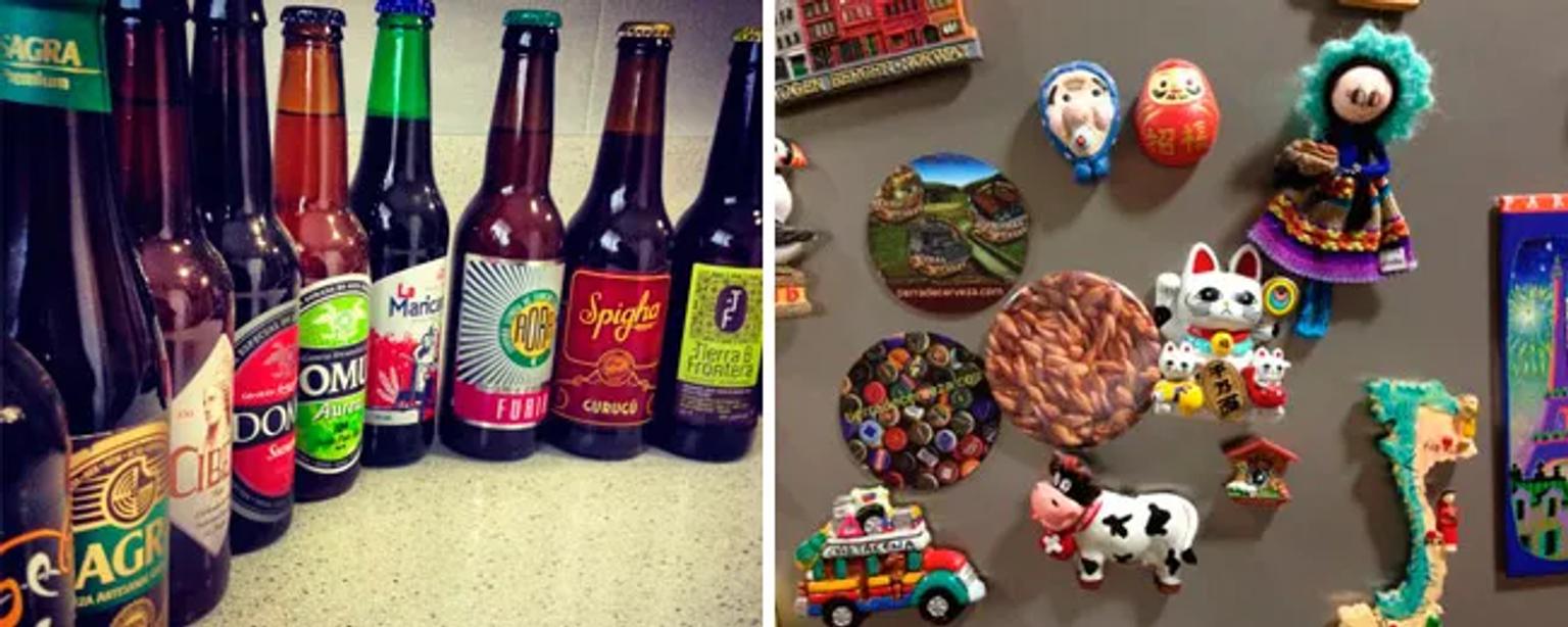 Botellas de cerveza y imanes de colección de diferentes lugares turísticos.