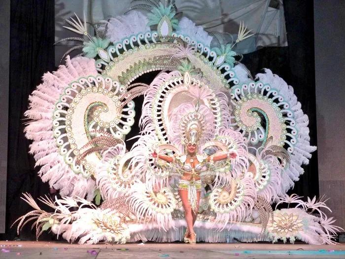 Mujer con disfraz colorido y plumas en un escenario de carnaval.