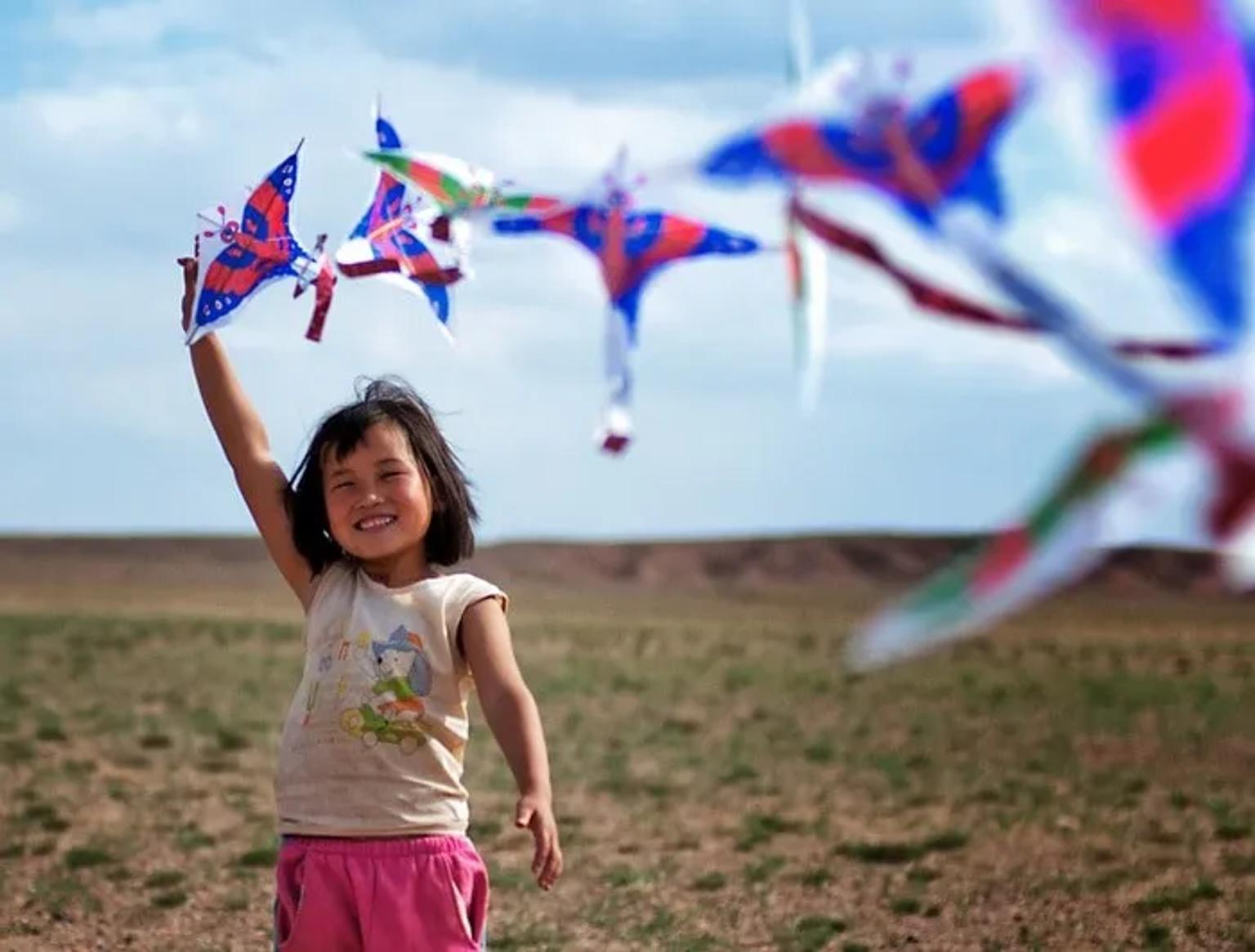 Niña sonriente sosteniendo cometas de colores en un paisaje abierto.