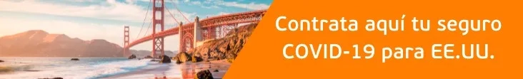 "Banner promocional de seguro COVID-19 para viajar a EE.UU."