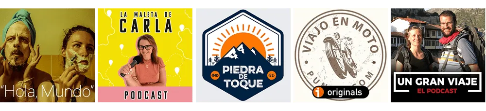 Seis portadas de podcasts sobre viajes y aventuras.