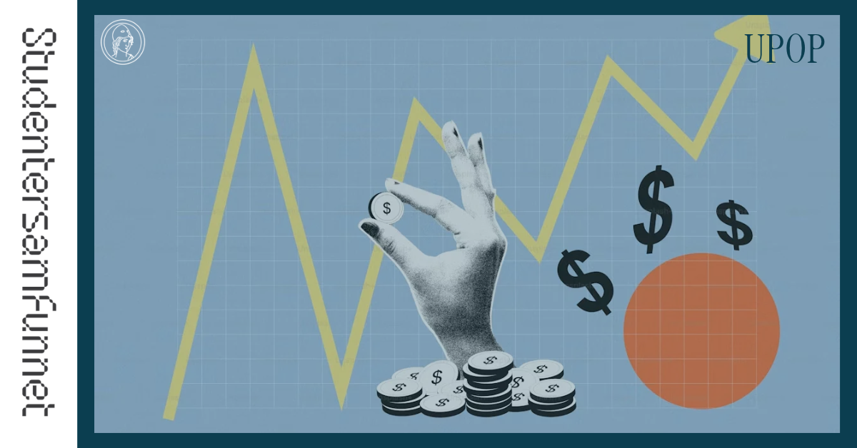 Illustration of a hand holding a dollar coin, stacks of coins, and dollar signs over an upward trending graph. Text 'Studentersamfunnet' and 'UPOP'.