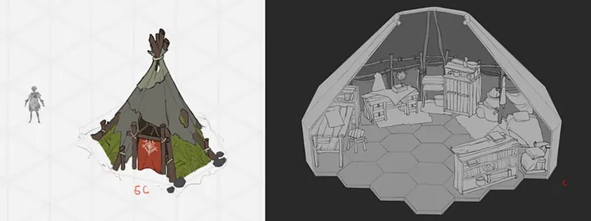 Concept art exploration showing example exterior and interior of an early player house (Subject to change)