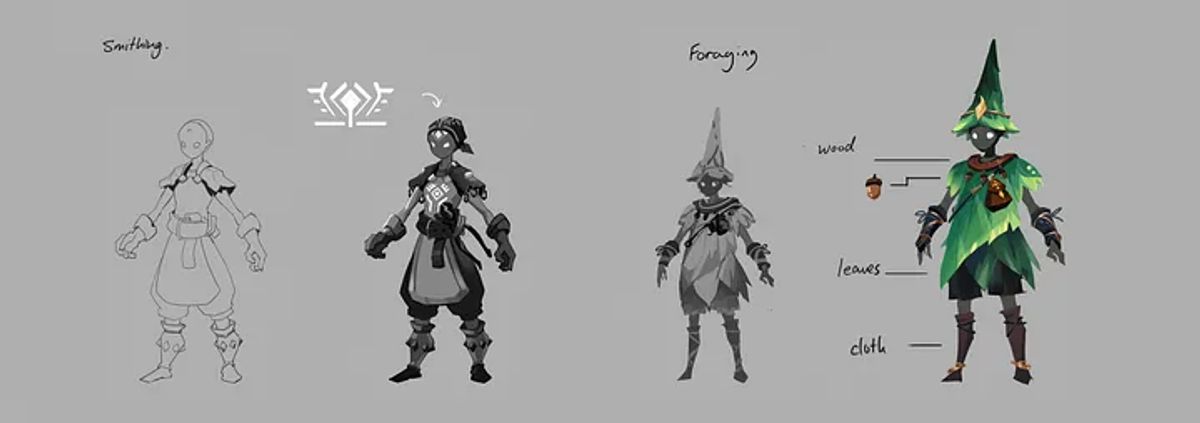 Concept art showing explorations for smithing and foraging outfits (not final)