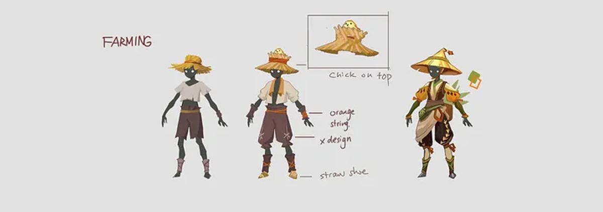 Concept art showing explorations for farming outfits (not final)