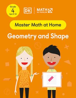 Master Math at Home - Math — No Problem! Geometry and Shape cover with two Grade 4 mathematicians. One child is holding a card with a rectangle on an angle.
