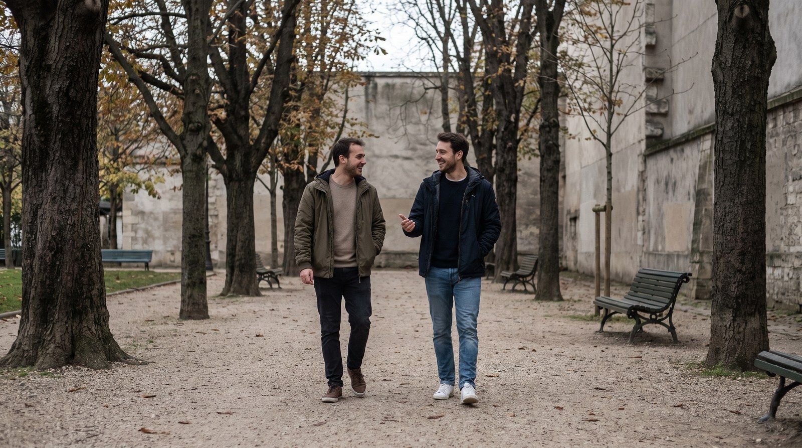Due uomini camminano lentamente lungo un viale alberato del parco, parlando.