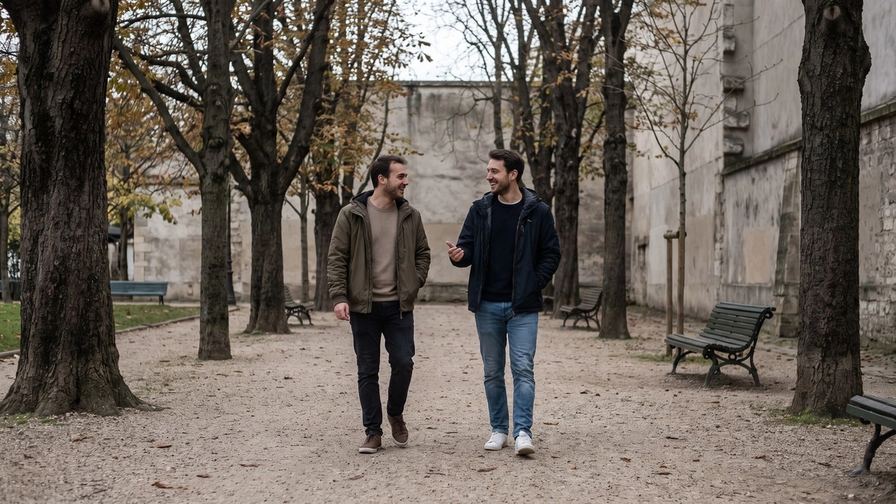 Due uomini camminano lentamente lungo un viale alberato del parco, parlando.