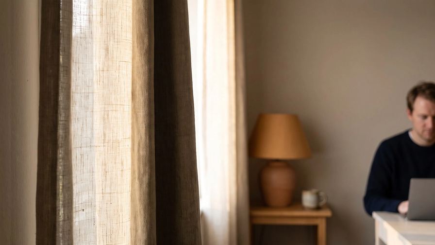 Tende di lino nella prima luce del mattino; oltre la tenda, un uomo seduto al tavolo.