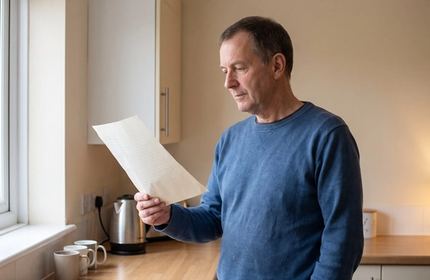 Un uomo sui cinquant’anni legge un foglio stampato accanto alla finestra della cucina.