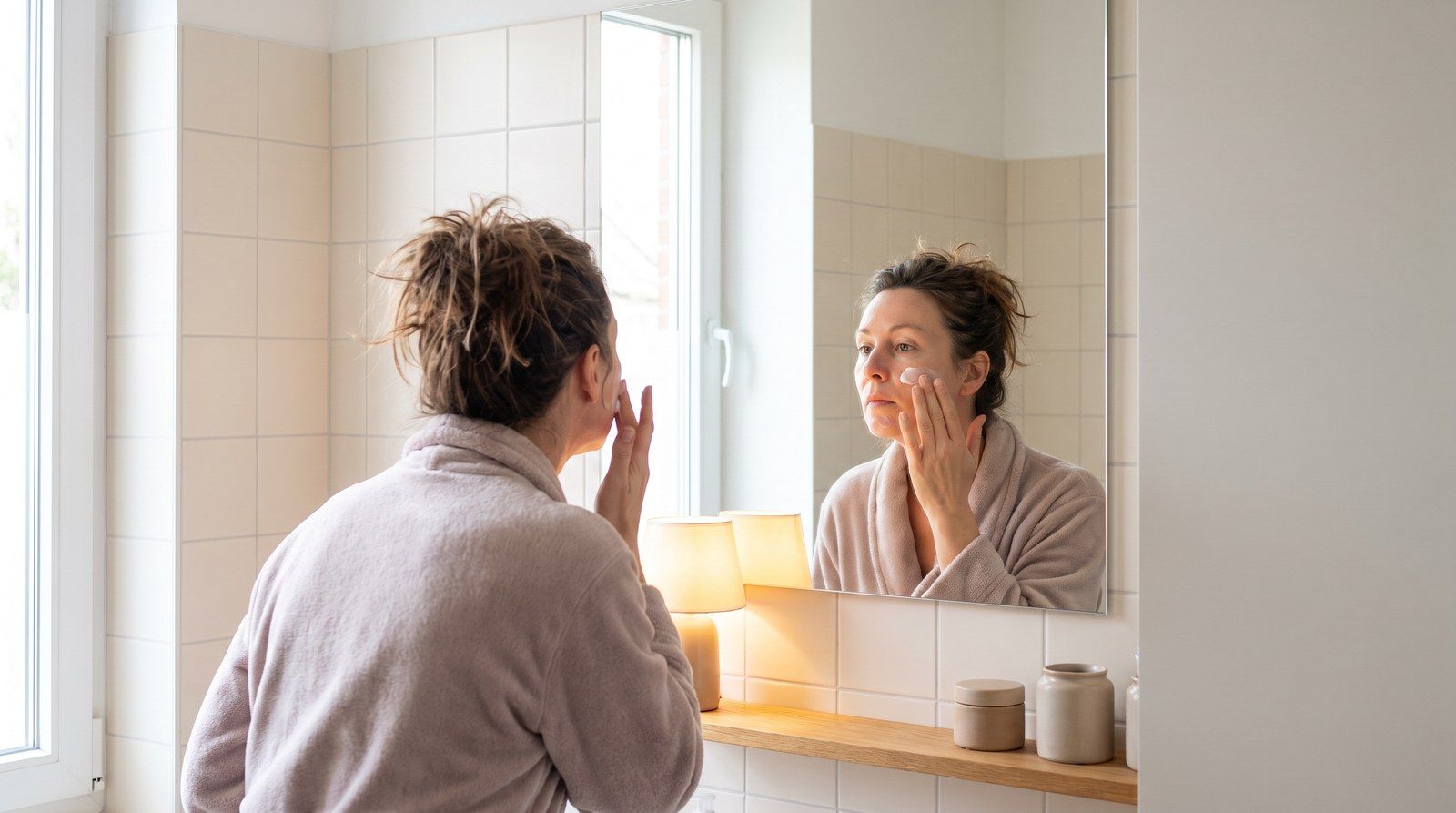 Una donna sui quarant’anni davanti allo specchio del bagno, ripresa da dietro.