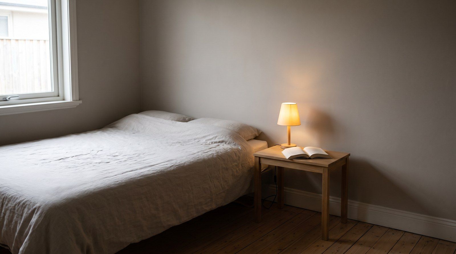 Una camera da letto con luce soffusa e un libro sul comodino.