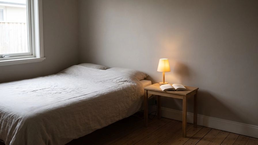 Una camera da letto con luce soffusa e un libro sul comodino.