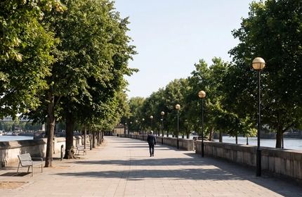 Un lungofiume ampio in una giornata limpida, con una persona che cammina in lontananza.