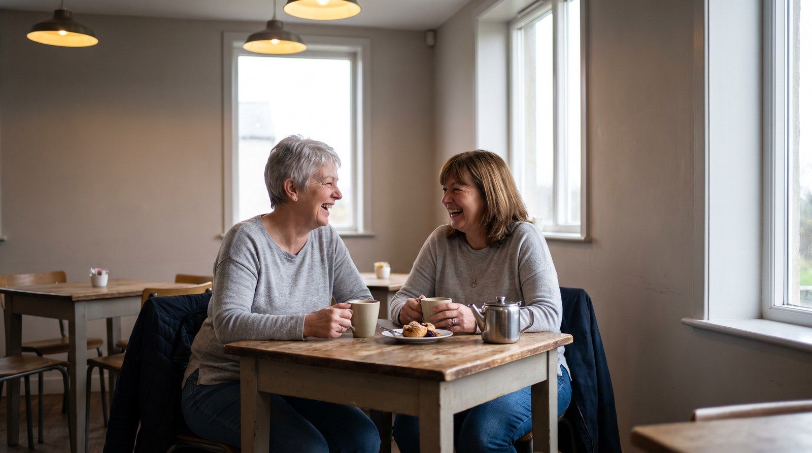 Due donne sui cinquant’anni ridono al tavolino di un bar.