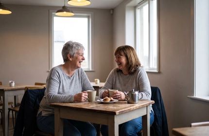 Due donne sui cinquant’anni ridono al tavolino di un bar.