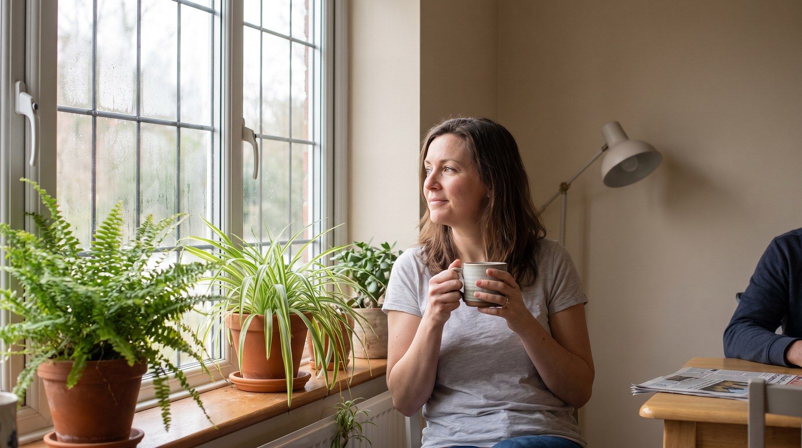 Una donna con una tazza guarda fuori da una finestra piena di piante; dietro di lei, qualcuno seduto alla scrivania.