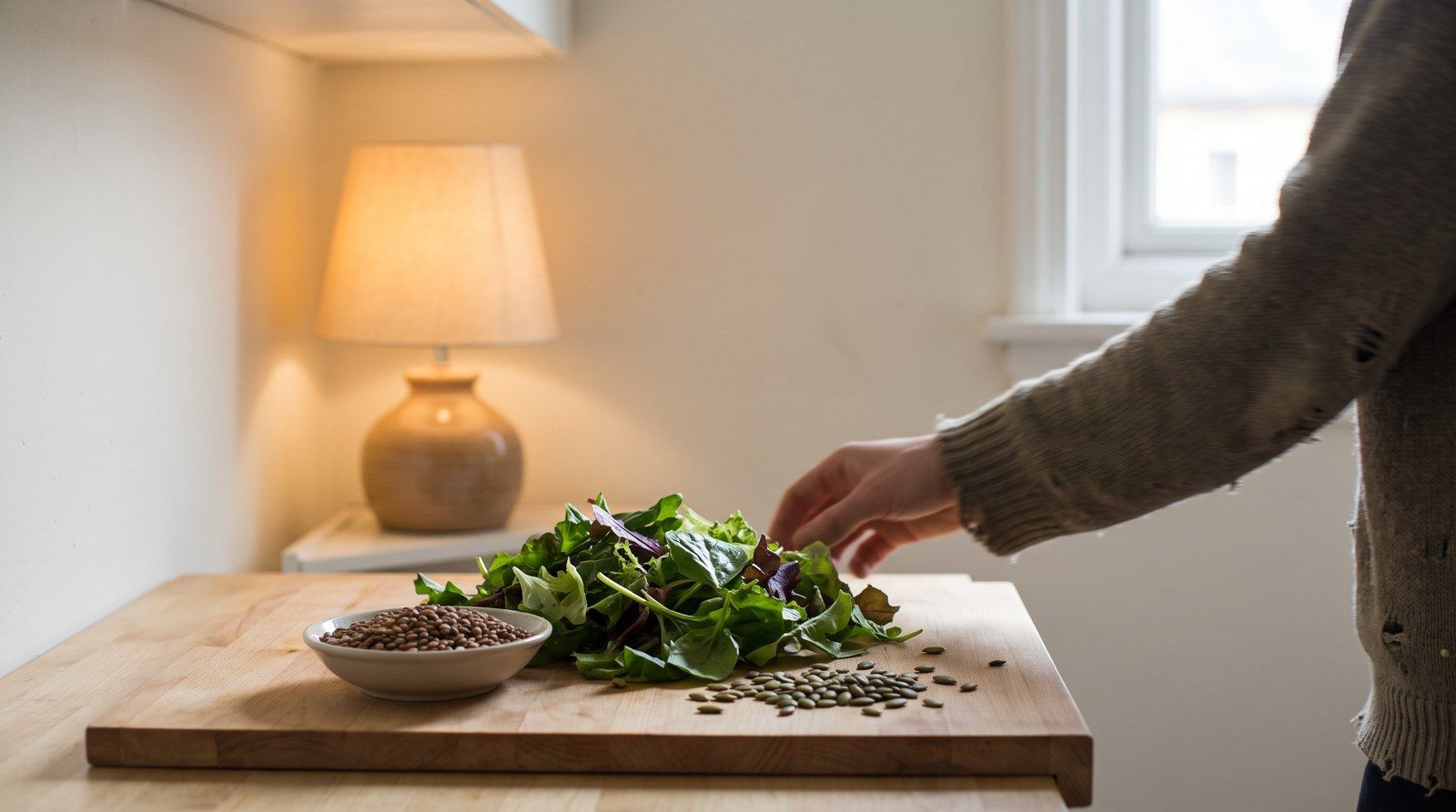 Una mano posa foglie di insalata su un tagliere di legno, accanto a una ciotola di lenticchie e a dei semi sparsi.