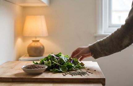 Una mano posa foglie di insalata su un tagliere di legno, accanto a una ciotola di lenticchie e a dei semi sparsi.