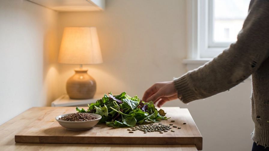 Una mano posa foglie di insalata su un tagliere di legno, accanto a una ciotola di lenticchie e a dei semi sparsi.