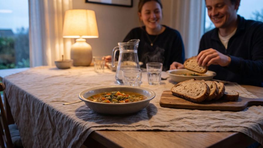 Due scodelle di zuppa, del pane affettato e una caraffa d’acqua su una tavola apparecchiata per due; sullo sfondo due persone sedute a tavola.