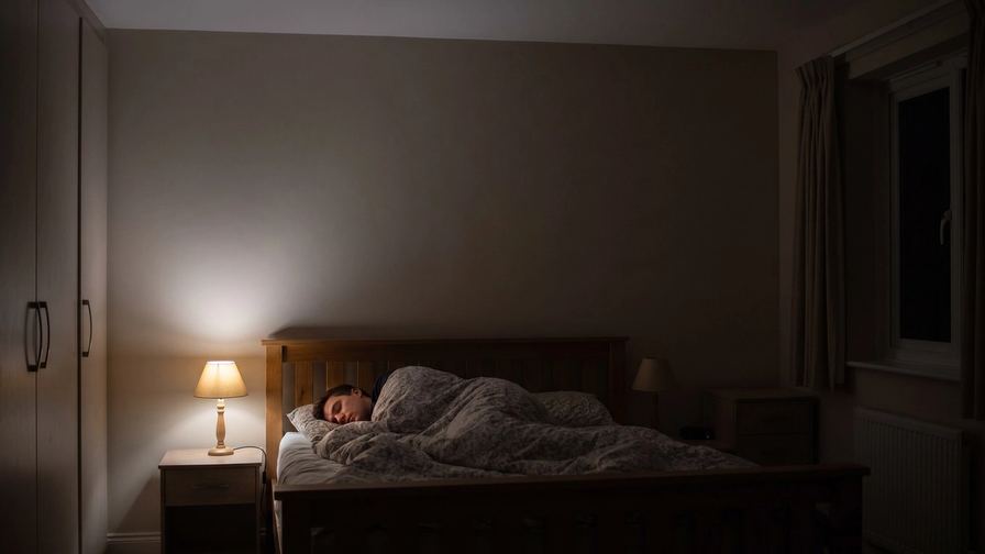 Una persona che dorme nel letto, vista dall’altro lato della stanza, con una piccola lampada ancora accesa.