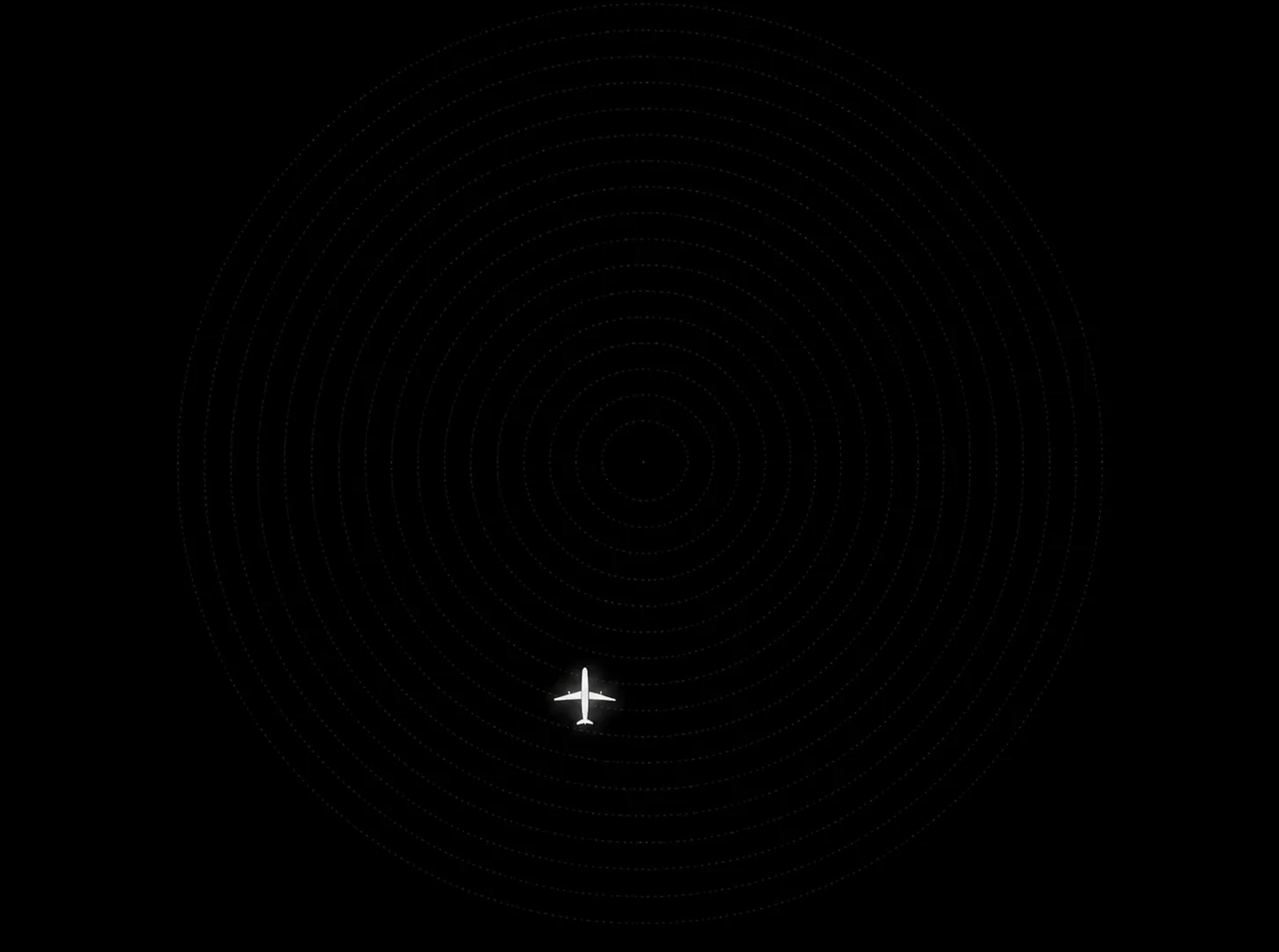 Ilustração da interface do Skylight com círculos e um símbolo de aeronave, sem dados espaciais ou identificadores