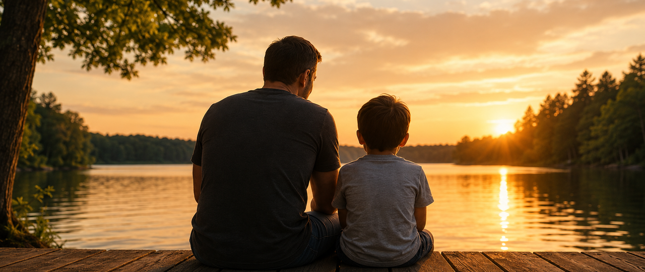 A father and his young son sitting together on the porch steps at dusk, the quiet modeling that shapes what a boy learns about women.